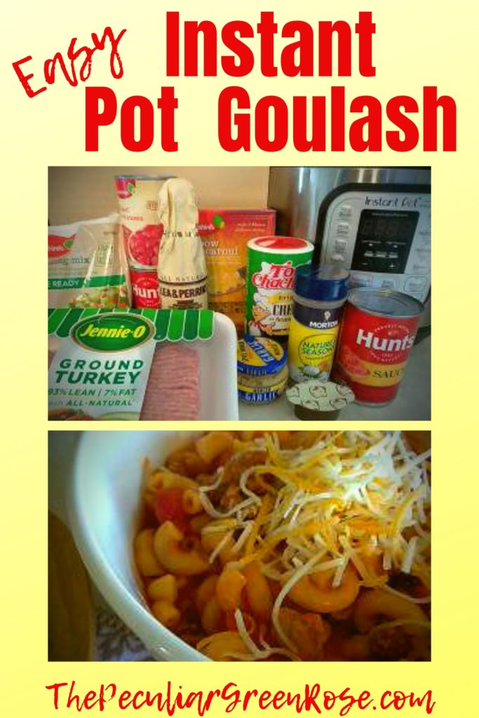 All the ingredients to make goulash in front of an Instant Pot. Also a picture of cooked goulash.