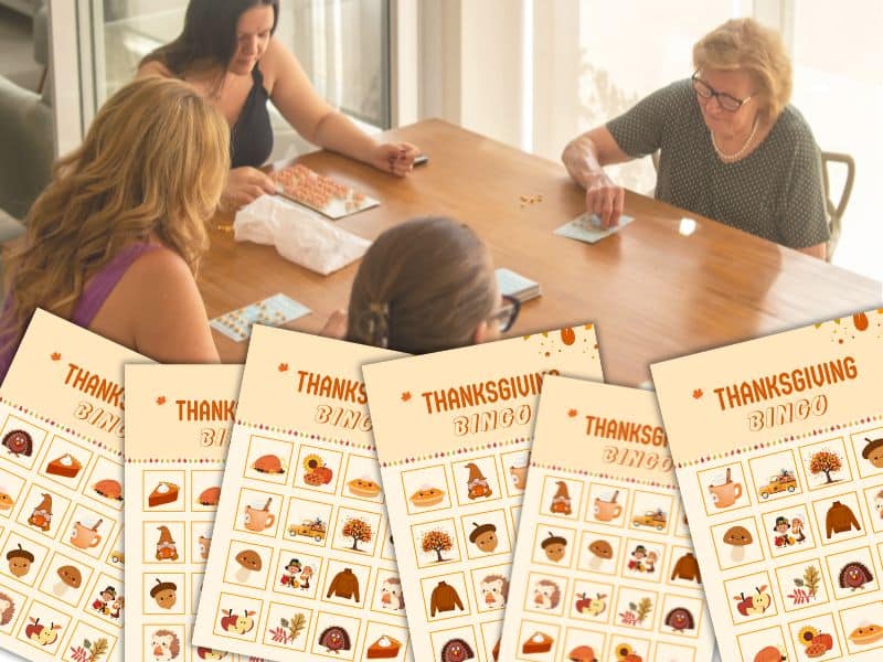 a family sitting at a table playing bingo on printable thanksgiving cards