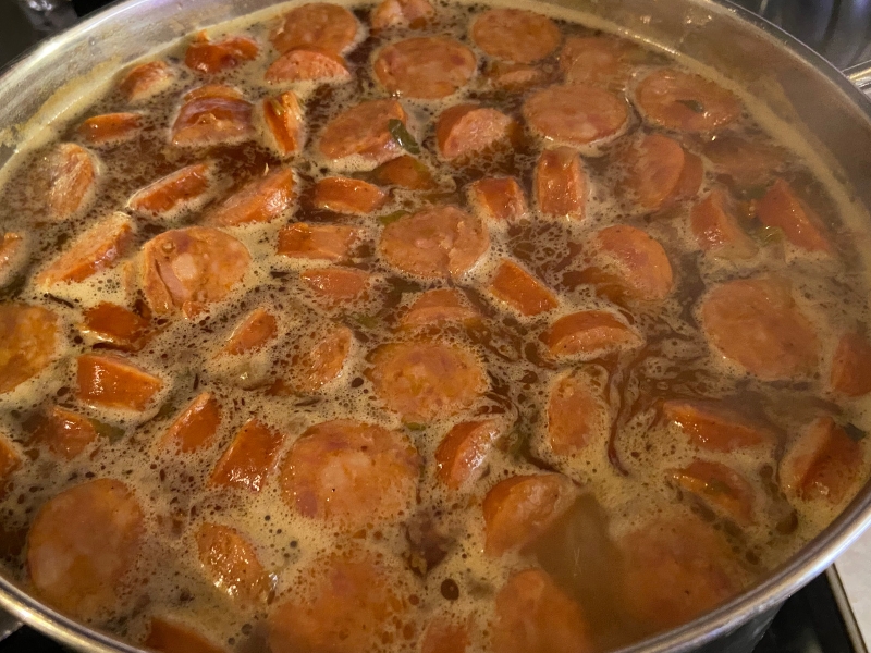 Chicken and Sausage Gumbo Cooking in a Gumbo Pot