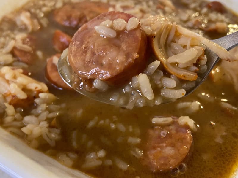 Chicken and Sausage Gumbo in a white bowl