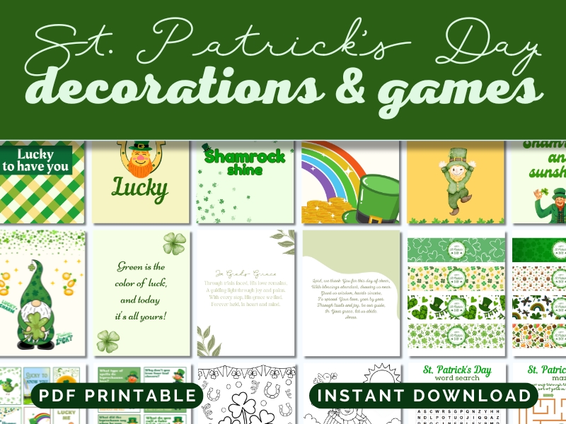 Free St. Patick's Day Printables printed out and sitting on a desk top